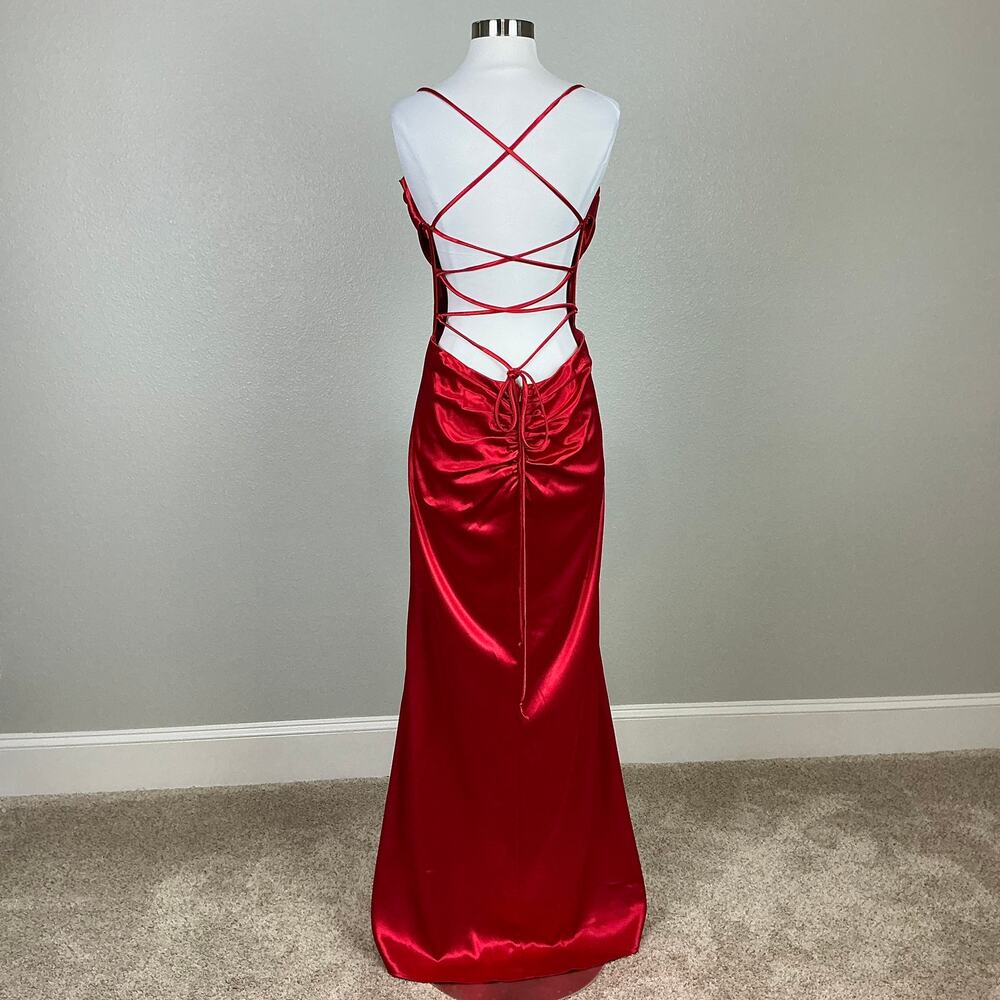 Blondie Nites Red Evening Gown Satin Backless Long Formal Column Dress Size 13 - Picture 3 of 12